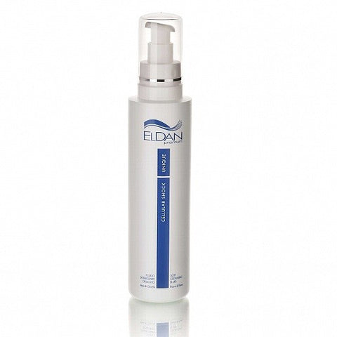 Eldan Cosmetics - Cellular Shock UNIQUE soft cleansing fluid.  Created to gently, yet deeply remove make-up from any kind of skin. It removes make-up, dead cells, and sebaceous secretions while maintaining the hydrolipidic equilibrium. The cleansing action is particularly gentle thanks to rice and oat extracts.