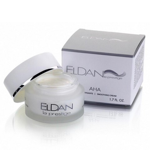 Eldan Cosmetics - Le Prestige AHA smoothing Cream 8% - 50 ml.  Eldan AHA Smoothing Cream neutralises the effect of free radicals and activates the process of skin cell restoration.  This highly active smoothing cream for the face is based on Alpha Hydroxy Acids (AHA). 
