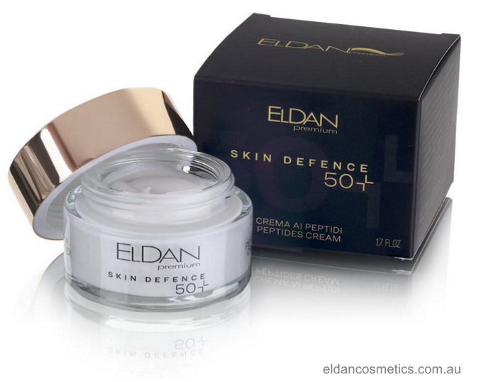 Eldan Cosmetics - Skin Defence Peptides Cream 50+  Dedicated to mature skin, this cream is soft, delicate and enriched with anti-aging properties that help stimulate the production of collagen, elastin and hyaluronic acid by fibroblasts.